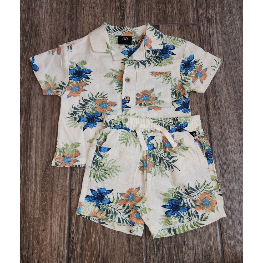 Volcom Kids Boys 12M Aloha Tropical Hawaiian Shirt Shorts Set Cream Blue Orange